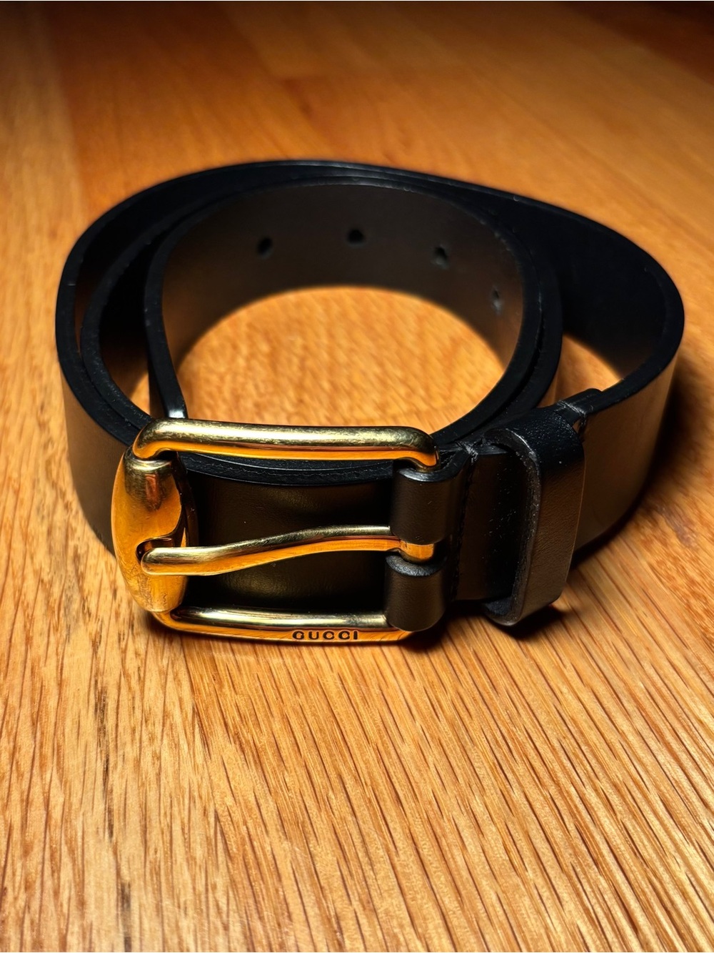 Gucci Gold Buckle Logo Black Leather Belt